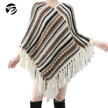 Hot selling winter tassel women knit poncho sweater stripe plus size pullover ponchos sweaters